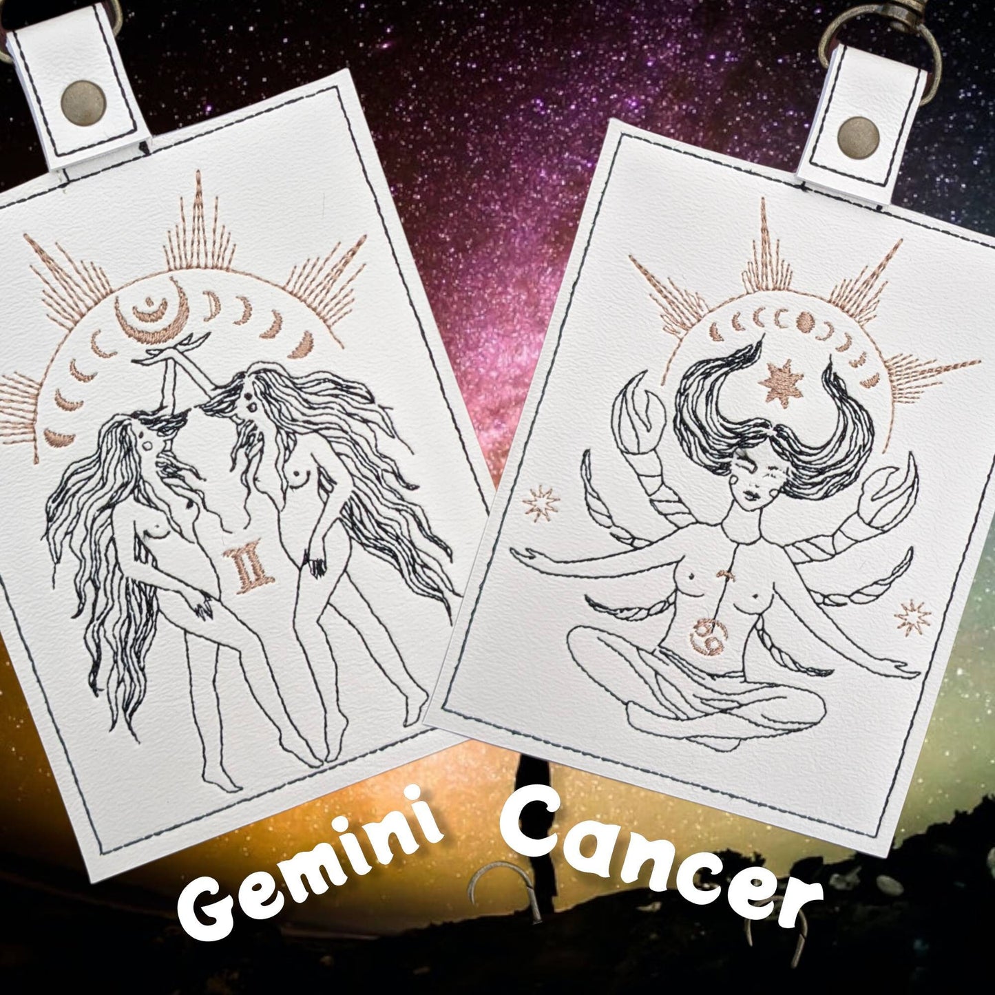 Celestial zodiac vaccination card protector. Attach to purse, bag, backback or beltloops Vinyl, cork, leather.