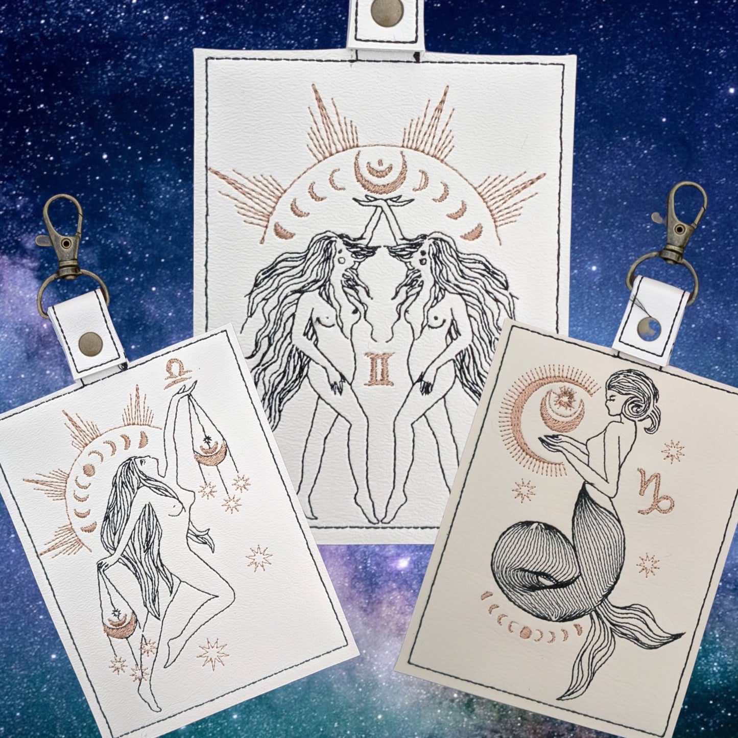 Celestial zodiac vaccination card protector. Attach to purse, bag, backback or beltloops Vinyl, cork, leather.