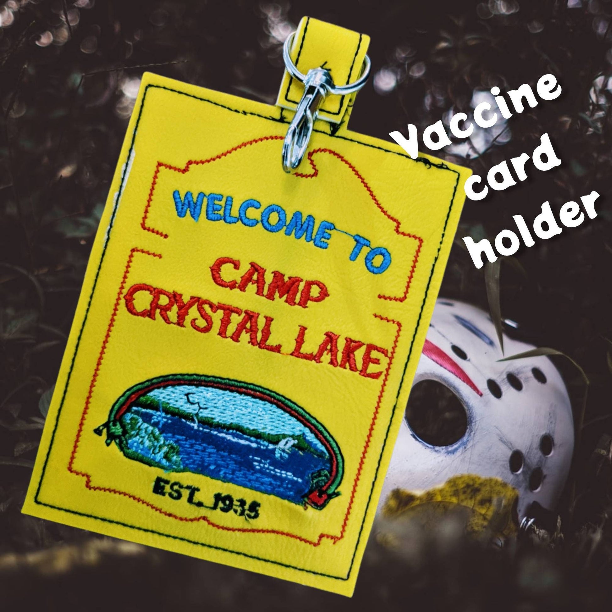 Camp sign vaccine card  protector. Attach to purse, bag, backpack or beltloops Vinyl, vegan leather.