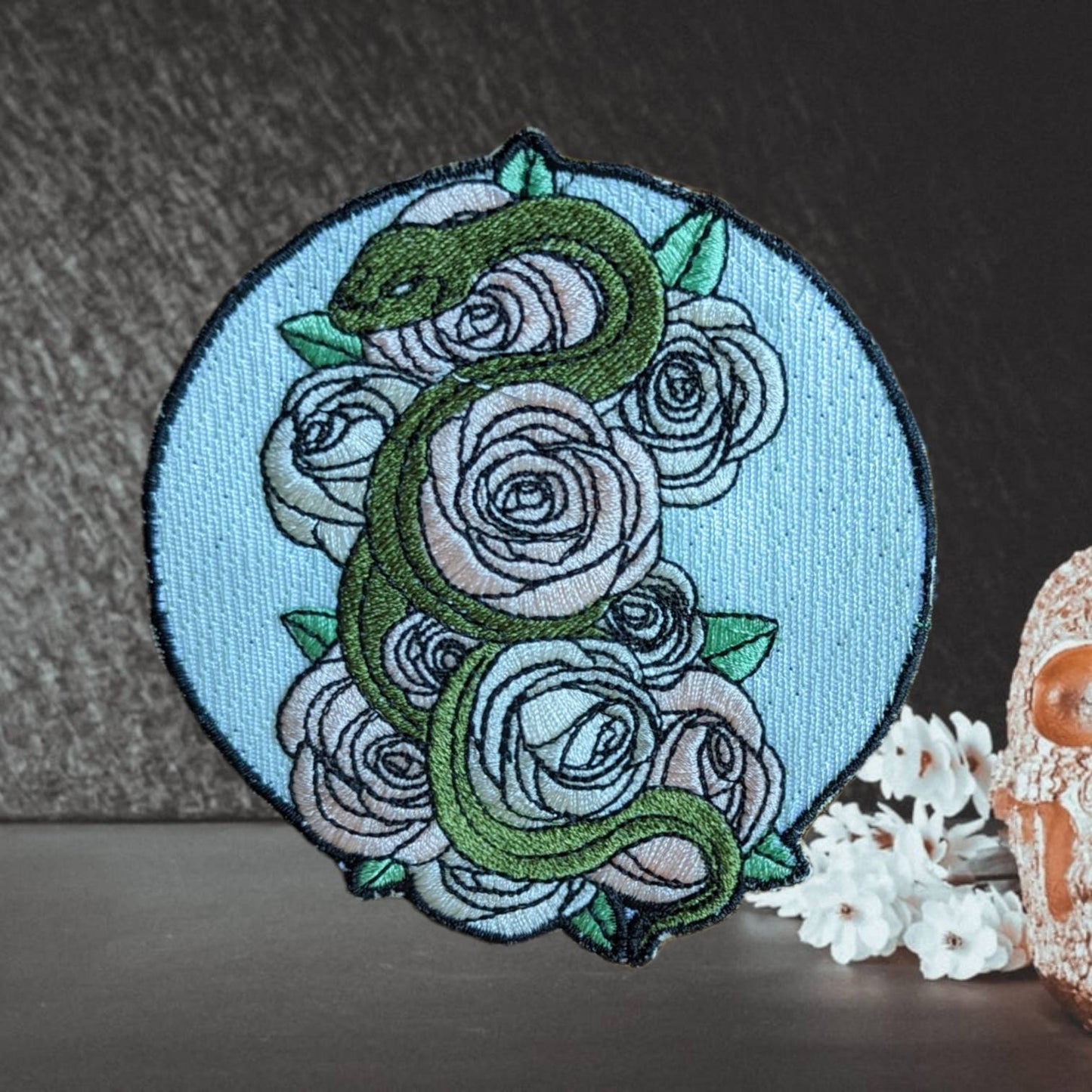 Rose snake embroidered  patch iron or sewn on inches
