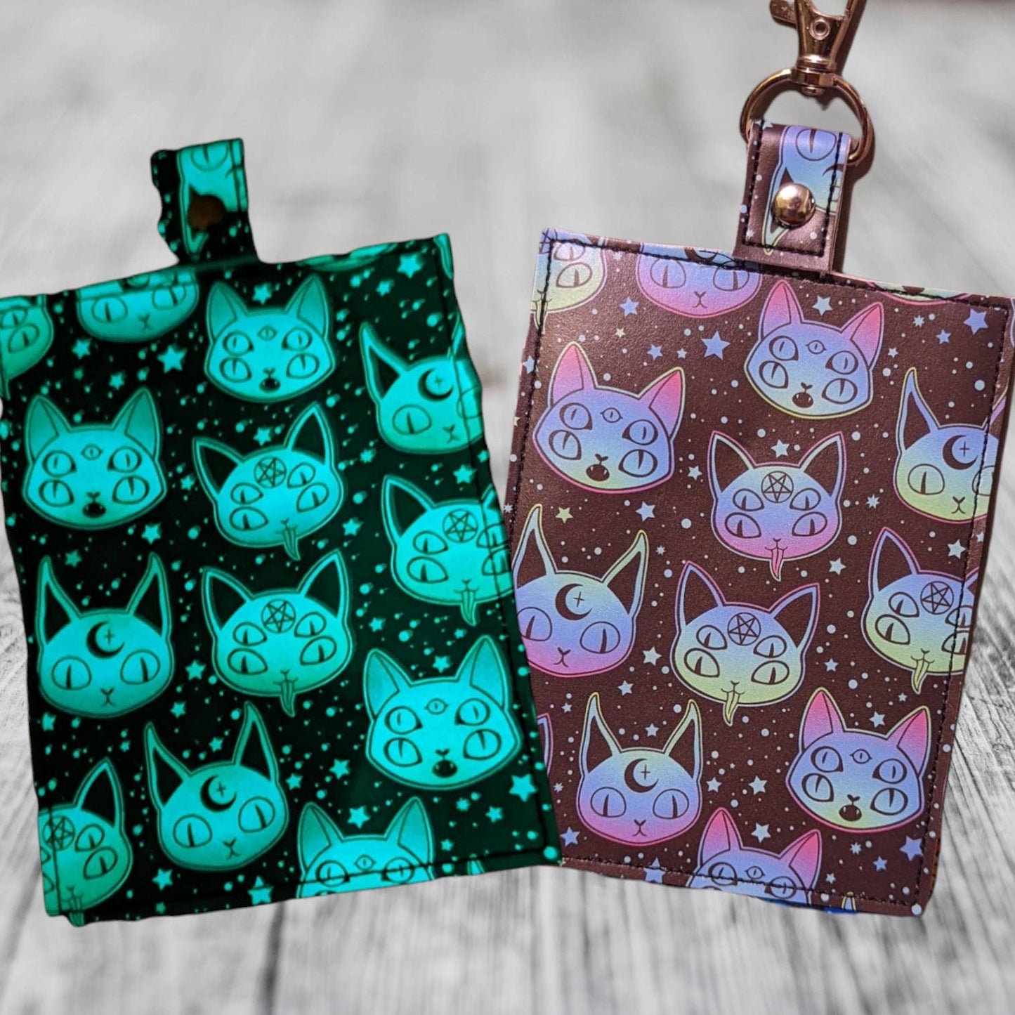 Glow in the dark! Space cat vaccine card protector. Attach to purse, bag, backpack or beltloops Vinyl, vegan leather.