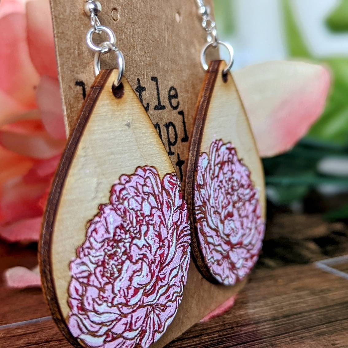 Hand painted peony wooden droplet earrings. Mother's day gift spring flowers