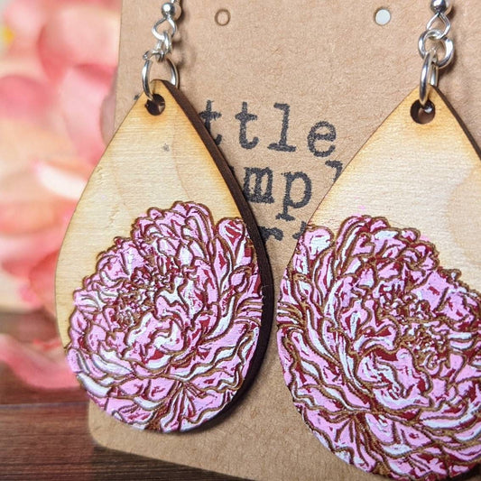 Hand painted peony wooden droplet earrings. Mother's day gift spring flowers