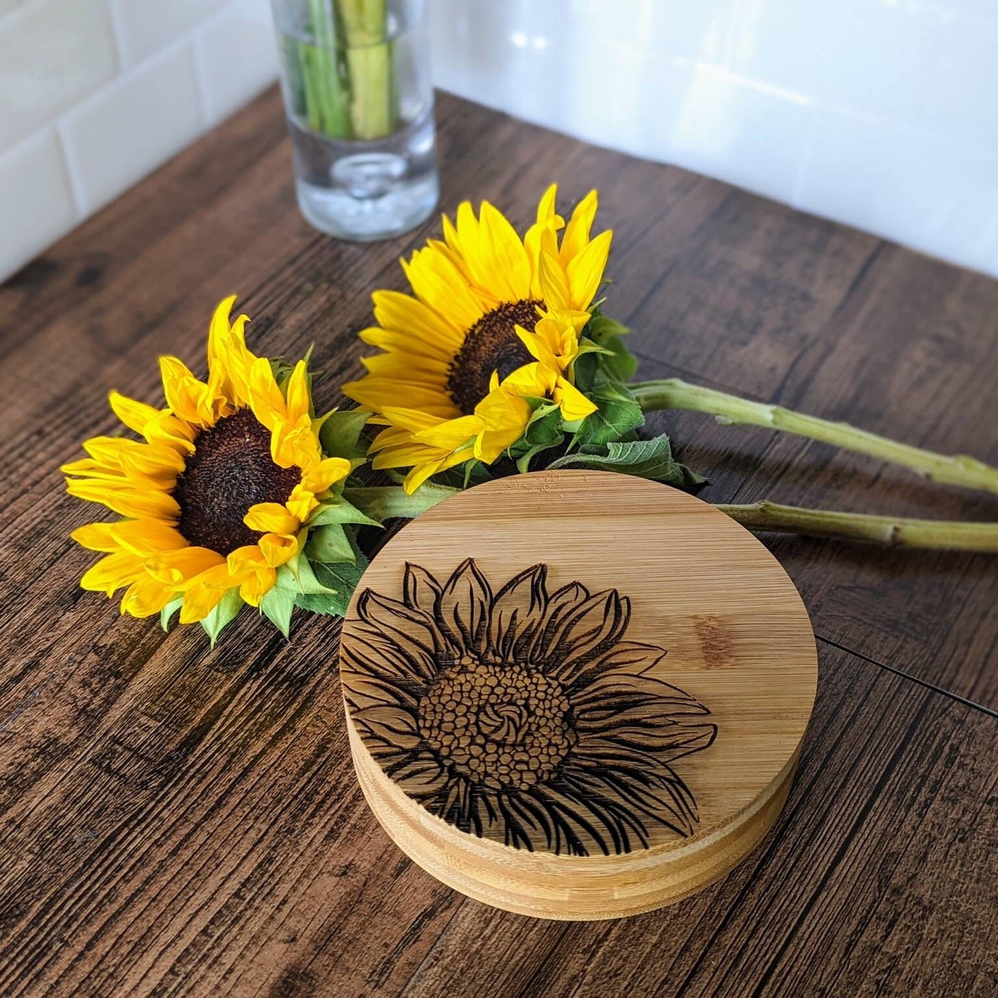 Sunflower laser engraved bamboo salt box. With 2 separate compartments Mother's day gift. Housewarming gift