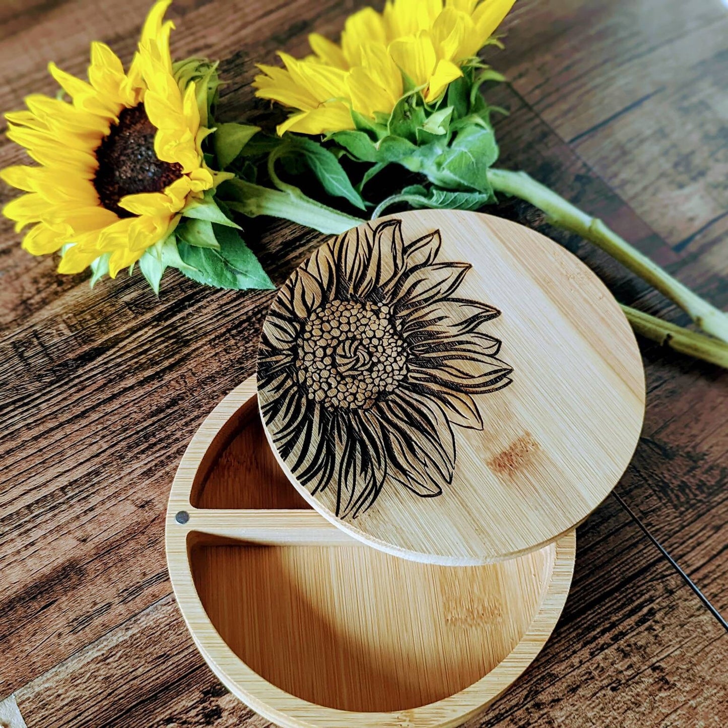 Sunflower laser engraved bamboo salt box. With 2 separate compartments Mother's day gift. Housewarming gift