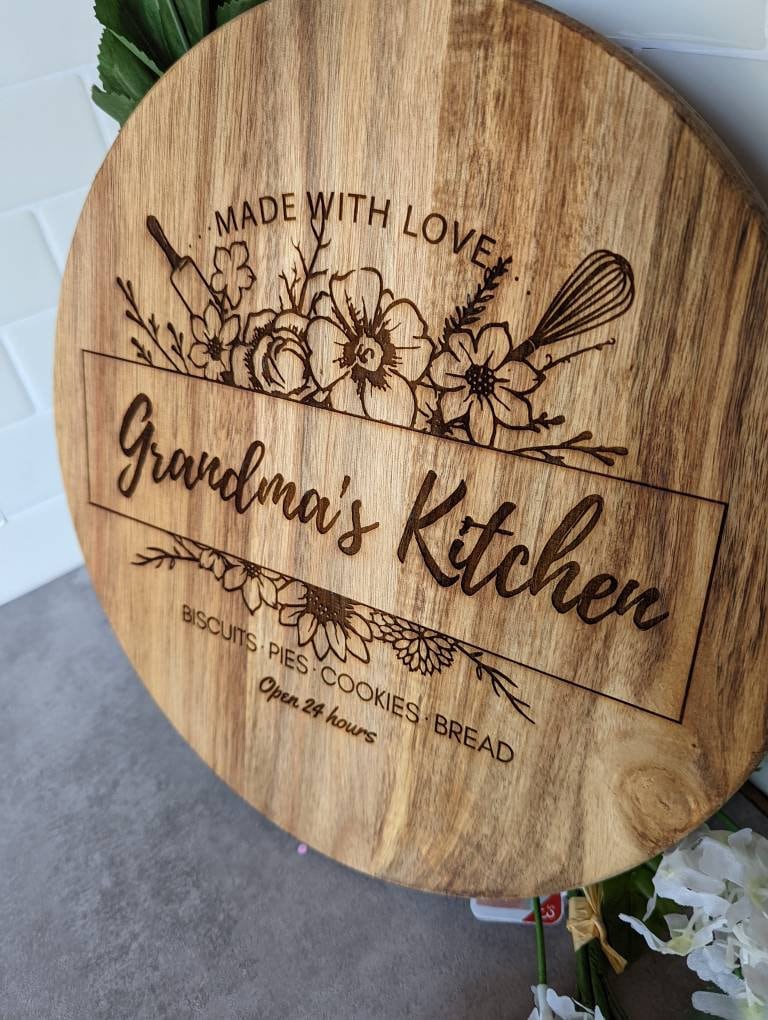 Moms Kitchen large acacia wood laser engraved 12" round cutting board. Gift for mom gift for Grandma mother's day