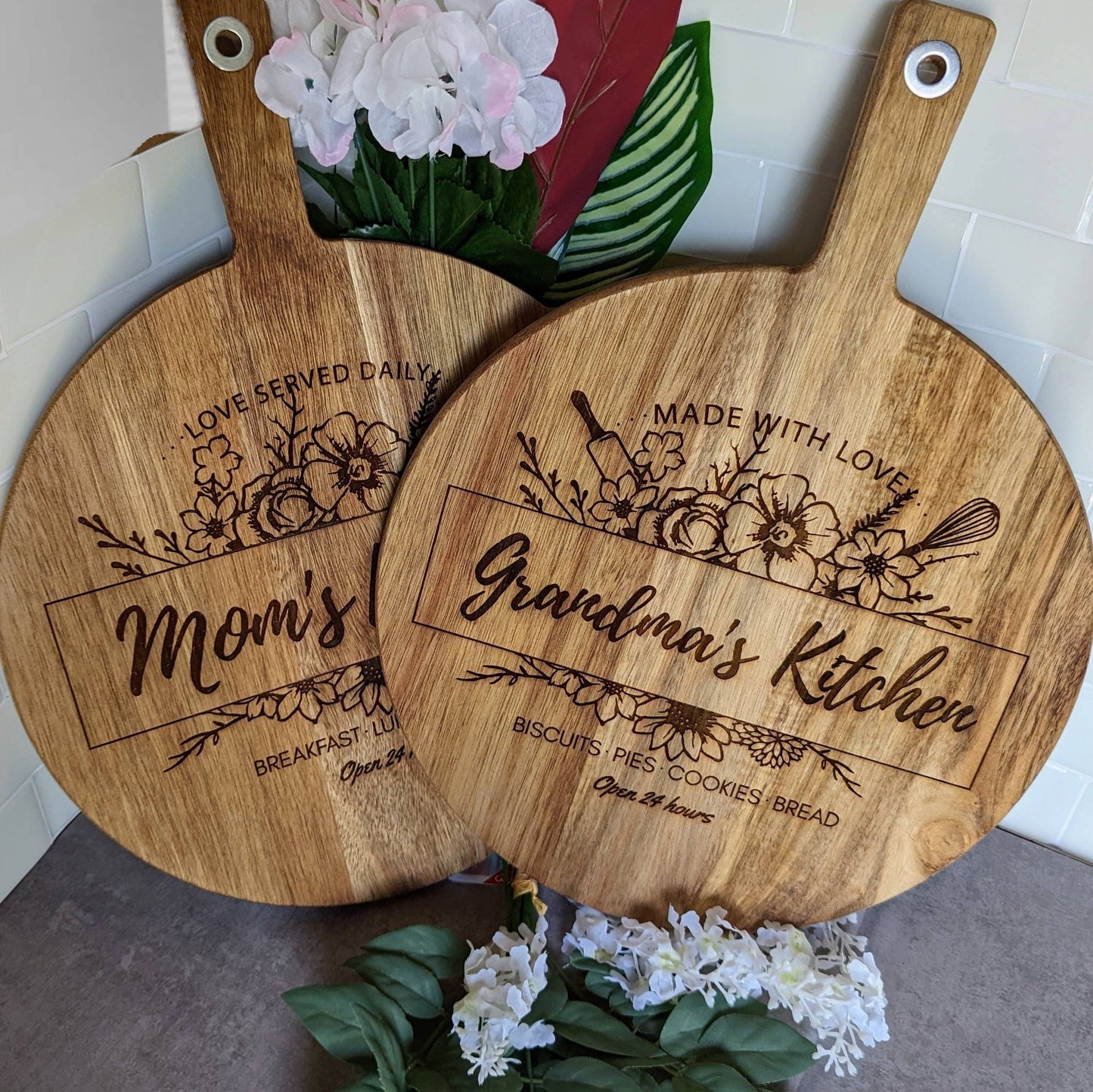 Moms Kitchen large acacia wood laser engraved 12" round cutting board. Gift for mom gift for Grandma mother's day