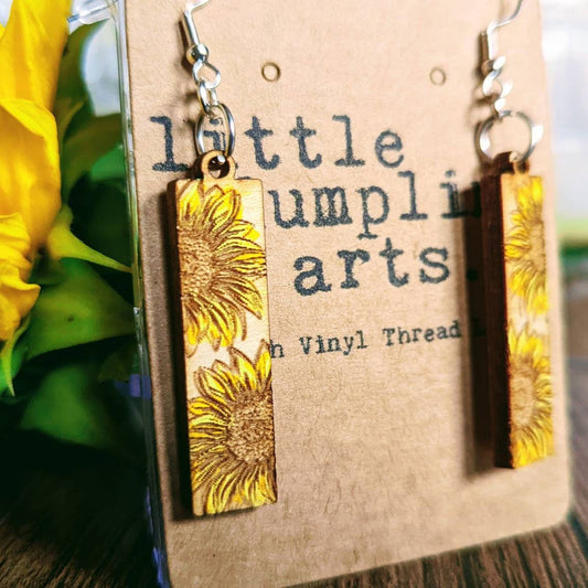 Hand painted sunflower bar shaped wooden hanger  earrings. Mother's day gift spring flowers