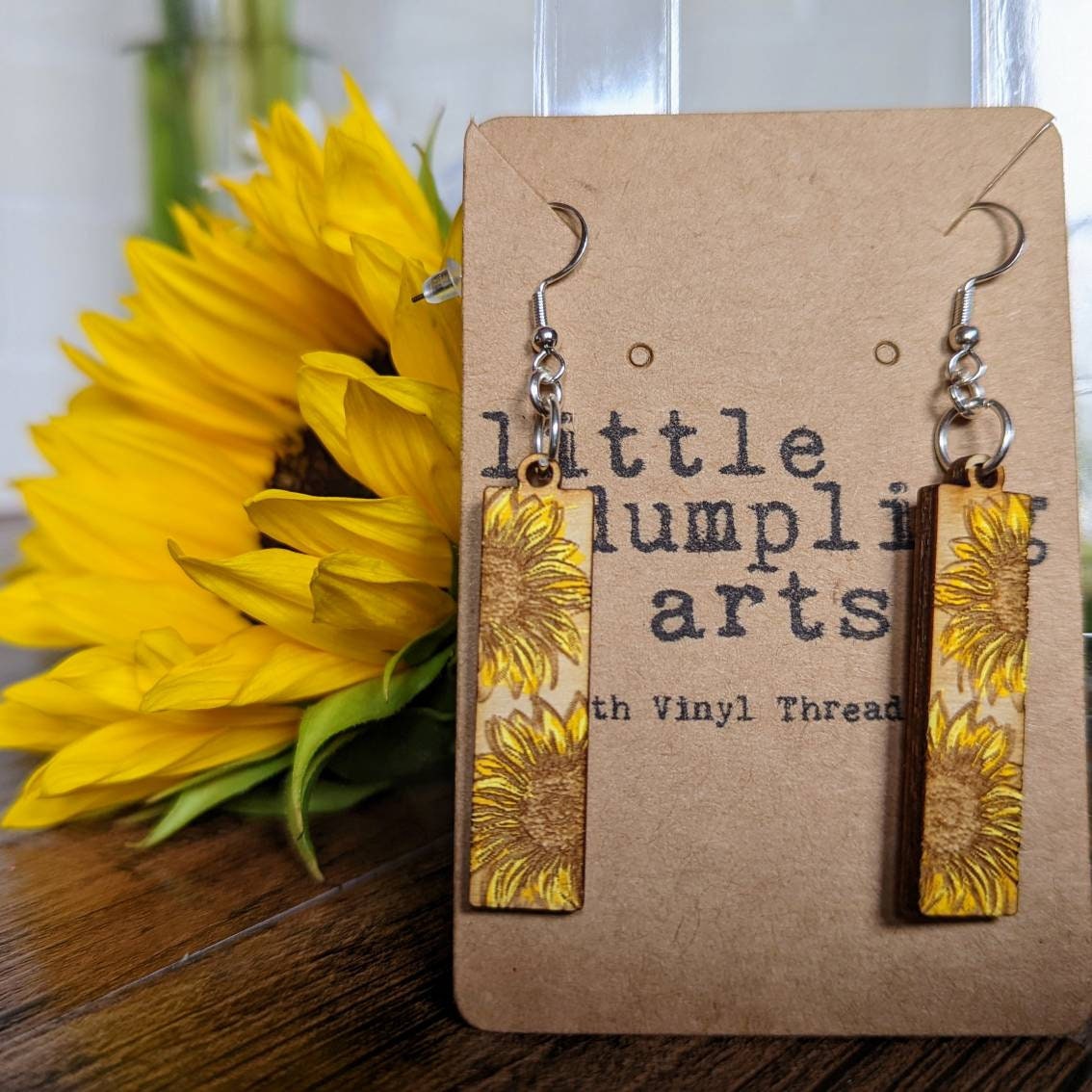 Hand painted sunflower bar shaped wooden hanger  earrings. Mother's day gift spring flowers