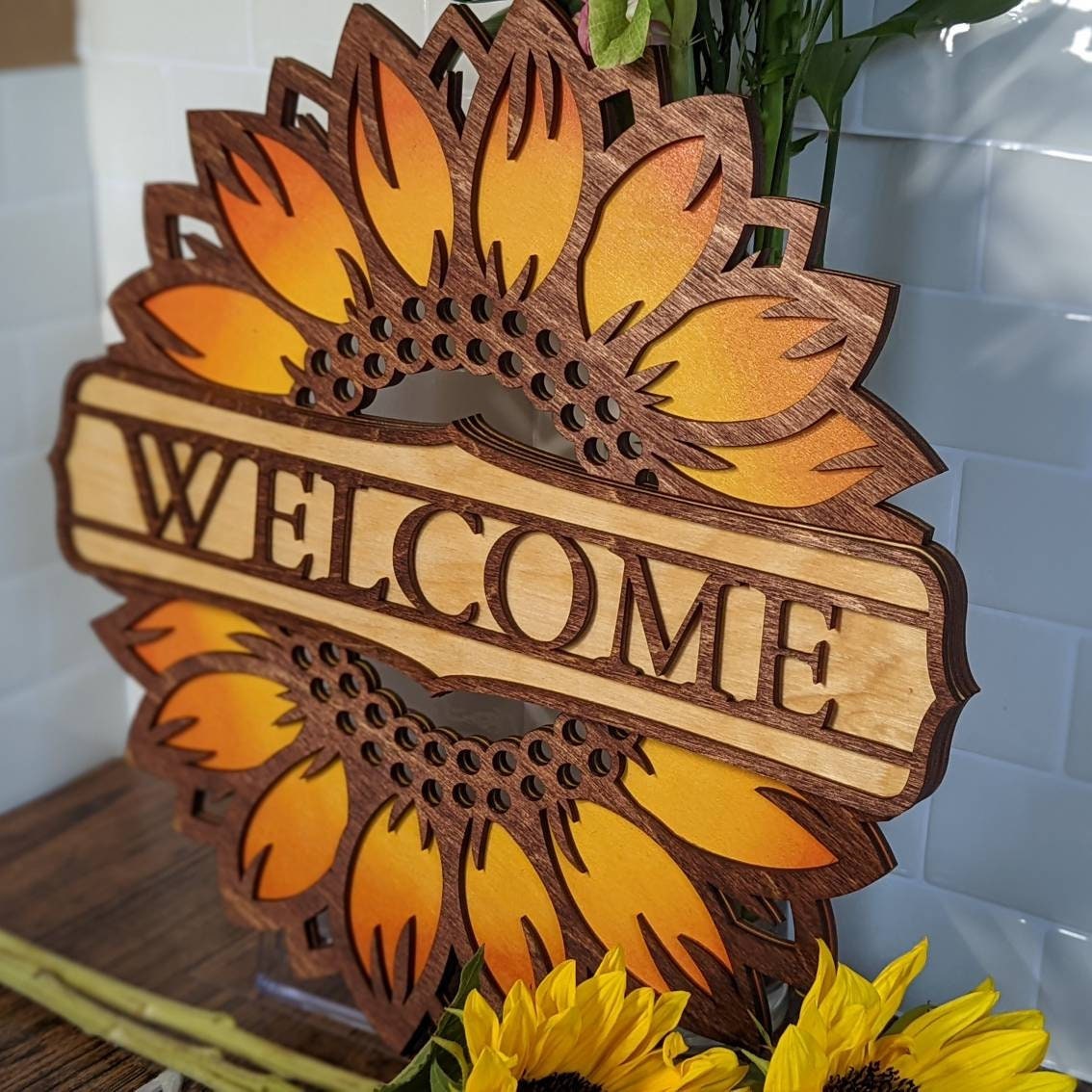 18" huge hand painted wooden sunflower welcome gift sign. Gift for mom. Garden sign. You are my sunshine