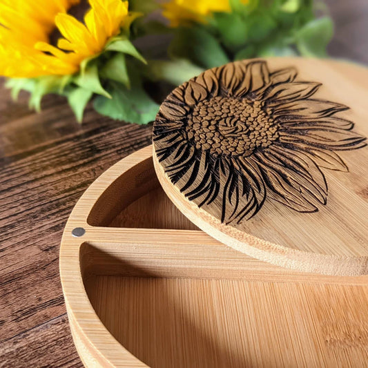 Sunflower laser engraved bamboo salt box. With 2 separate compartments Mother's day gift. Housewarming gift