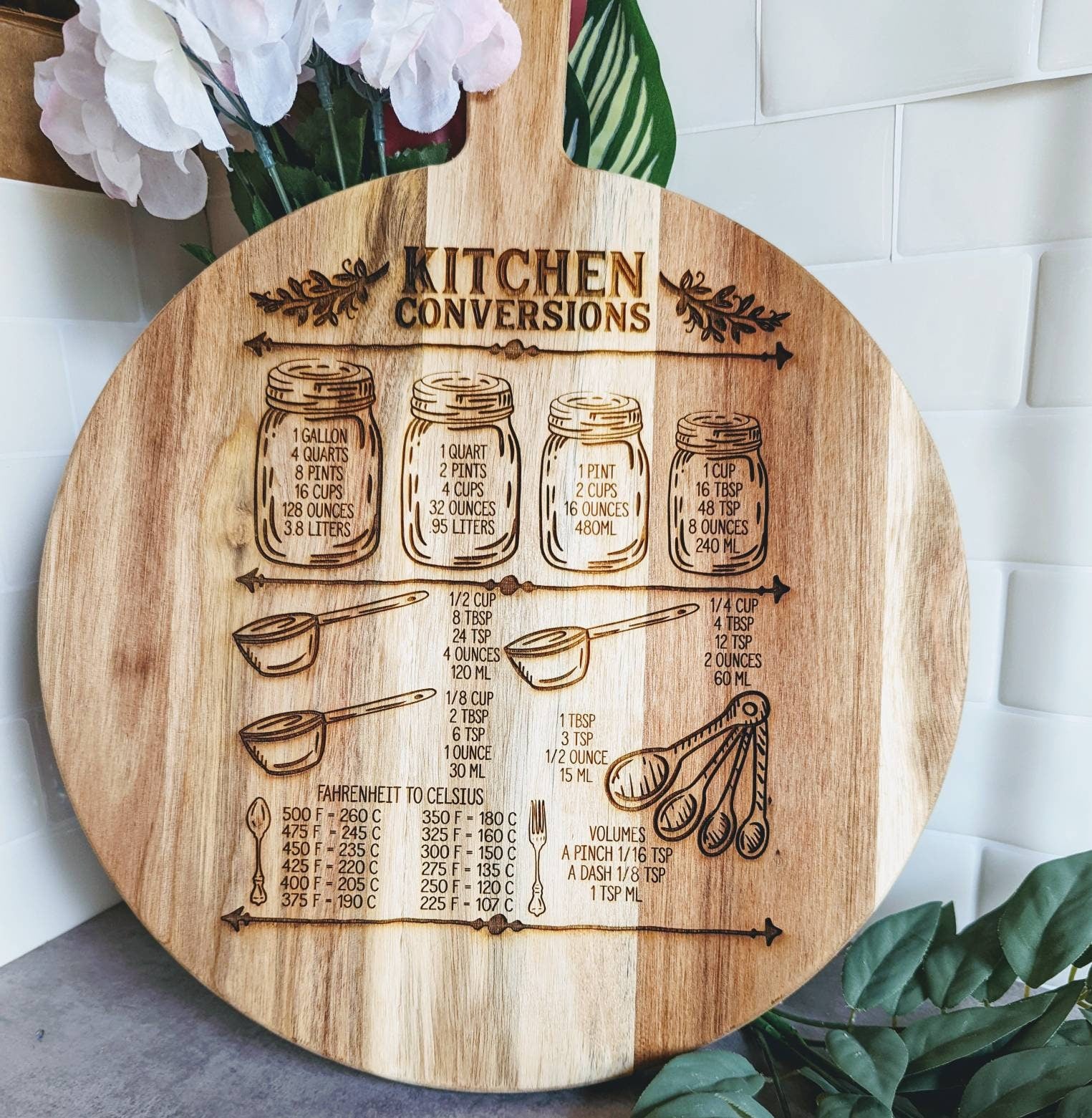 Kitchen convertions large acacia wood laser engraved 12" round cutting board. Wall art. Gift for mom. Gift for dad. Foodie gift