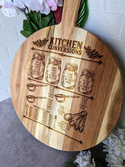 Kitchen convertions large acacia wood laser engraved 12" round cutting board. Wall art. Gift for mom. Gift for dad. Foodie gift