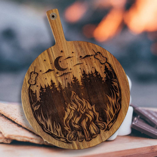 Campfire camping  s'mores board large acacia wood laser engraved 12" round cutting board. Gift for mom gift for Grandma mother's day