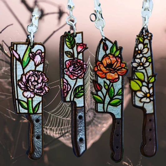 Hand painted floral knives. earrings laser engraved, sterling silver french hooks