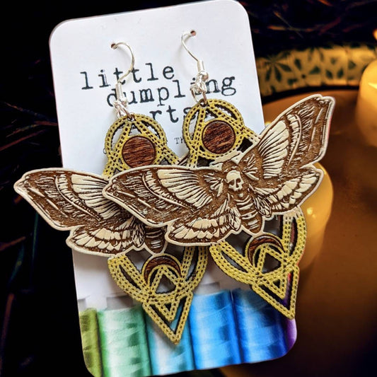 hand painted Large Death Moth earrings laser engraved, sterling silver french hooks