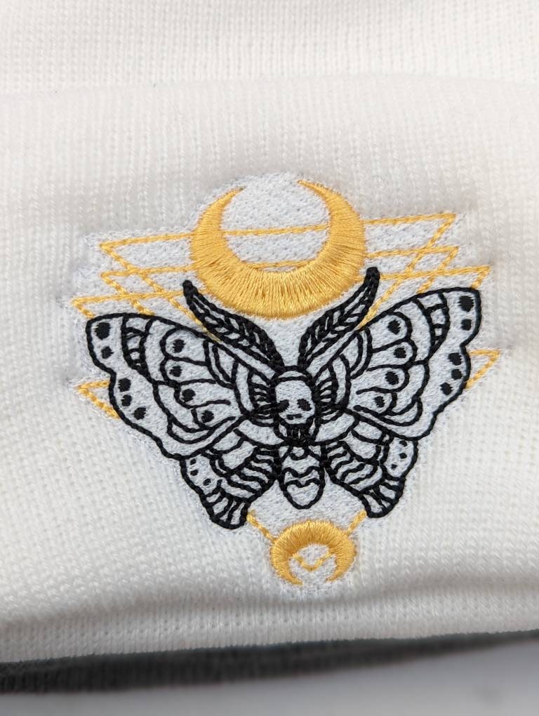 Embroidered Death Moth Beanie// spooky season beanie//fall fashion//