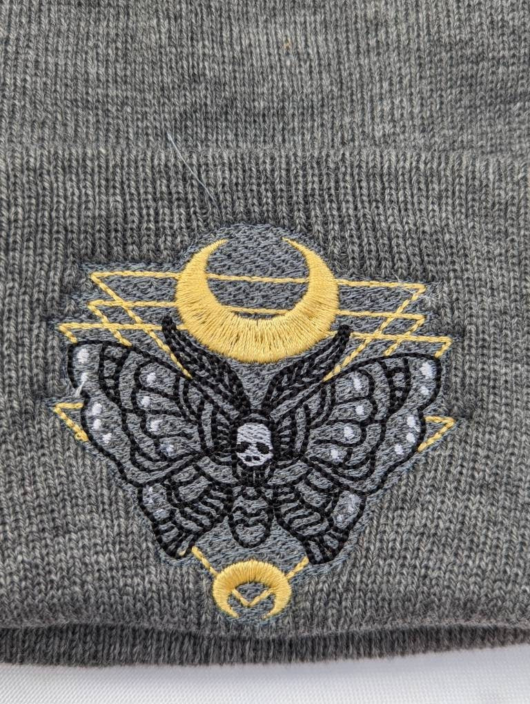 Embroidered Death Moth Beanie// spooky season beanie//fall fashion//