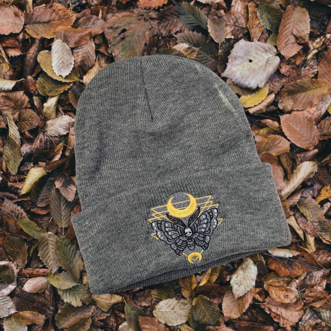 Embroidered Death Moth Beanie// spooky season beanie//fall fashion//