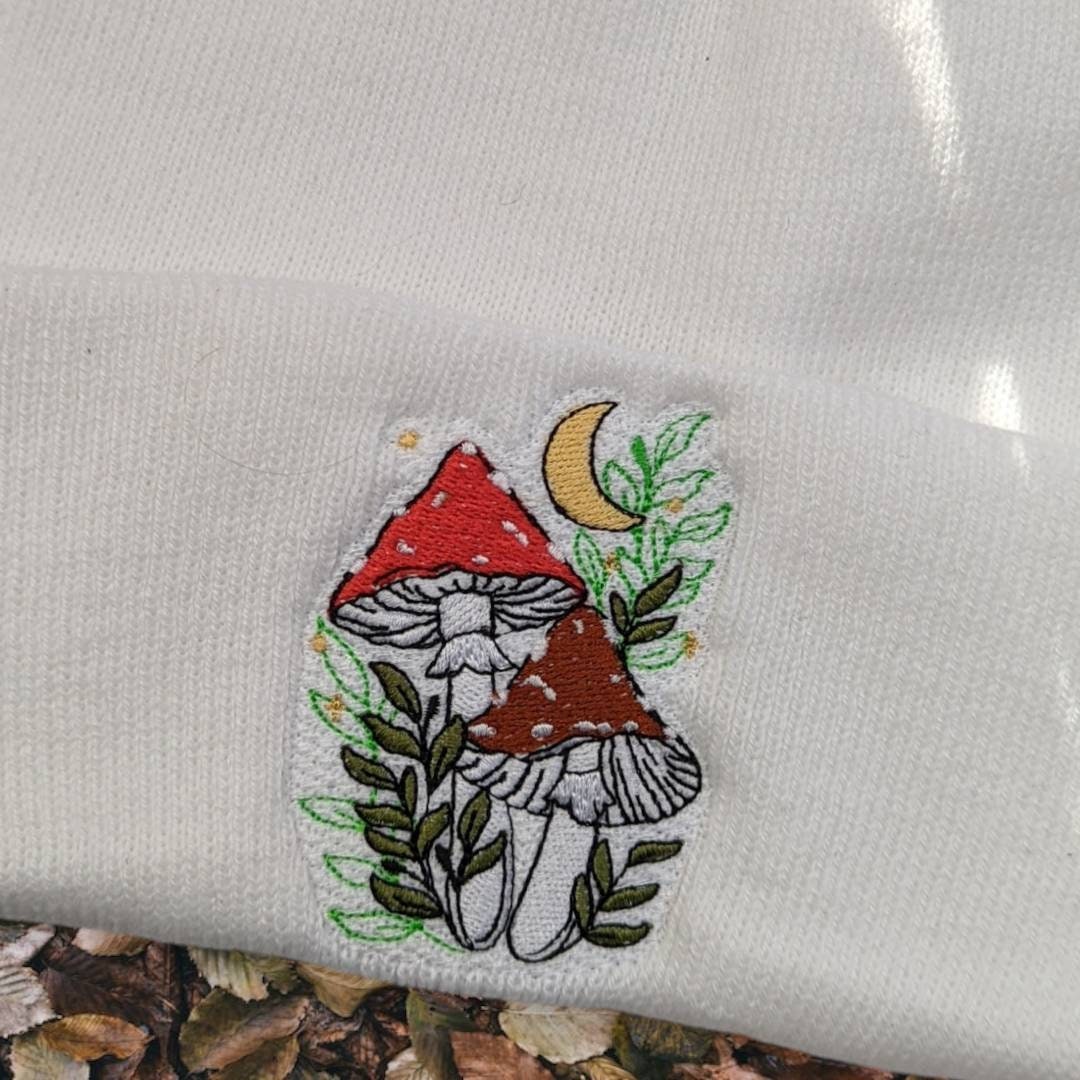 Embroidered mushroom beanie// spooky season beanie//fall fashion//