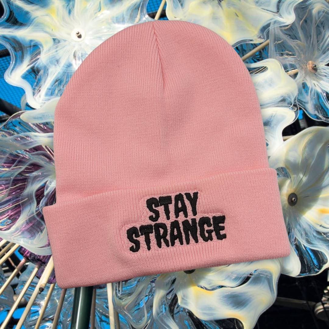 Embroidered Stay Strange beanie bubble gum// spooky season beanie//fall fashion//