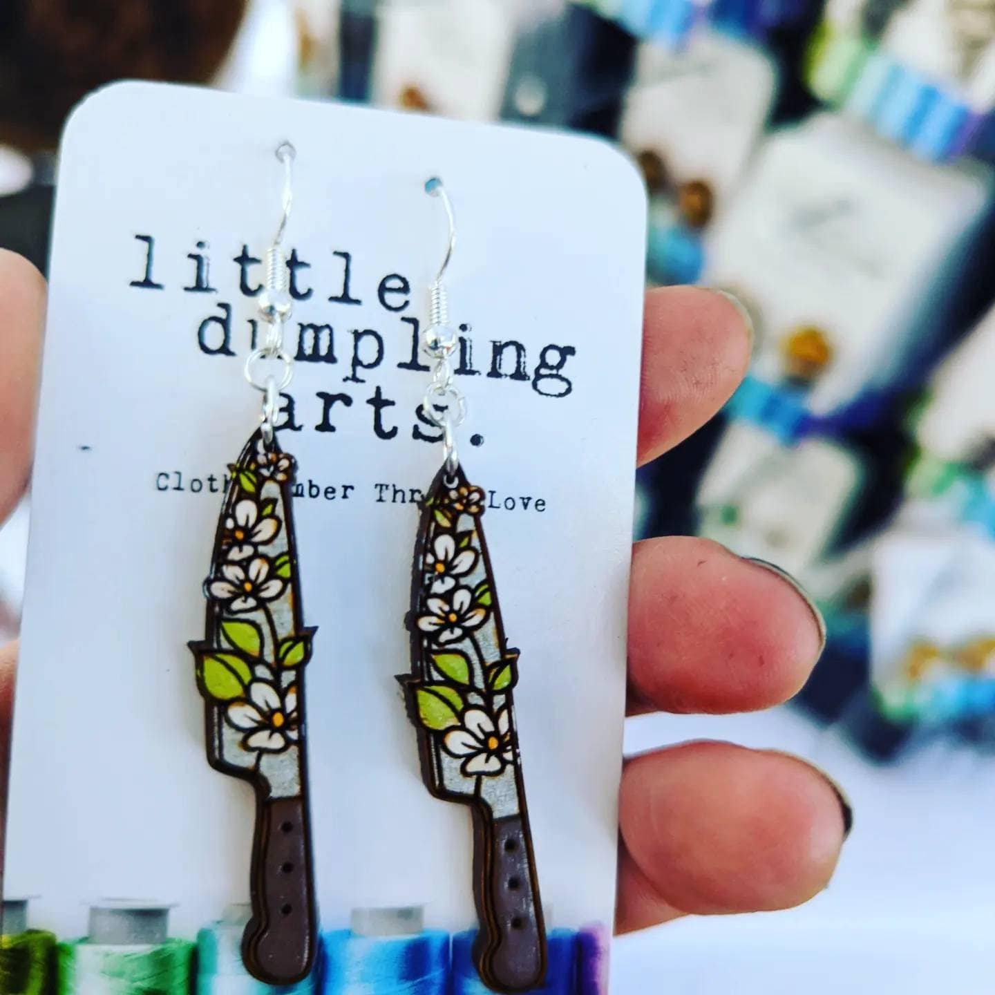 Hand painted floral knives. earrings laser engraved, sterling silver french hooks