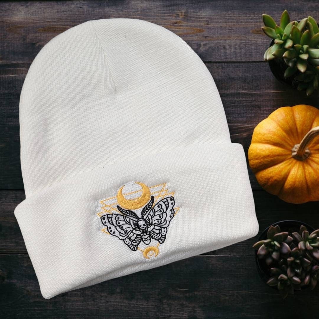 Embroidered Death Moth Beanie// spooky season beanie//fall fashion//
