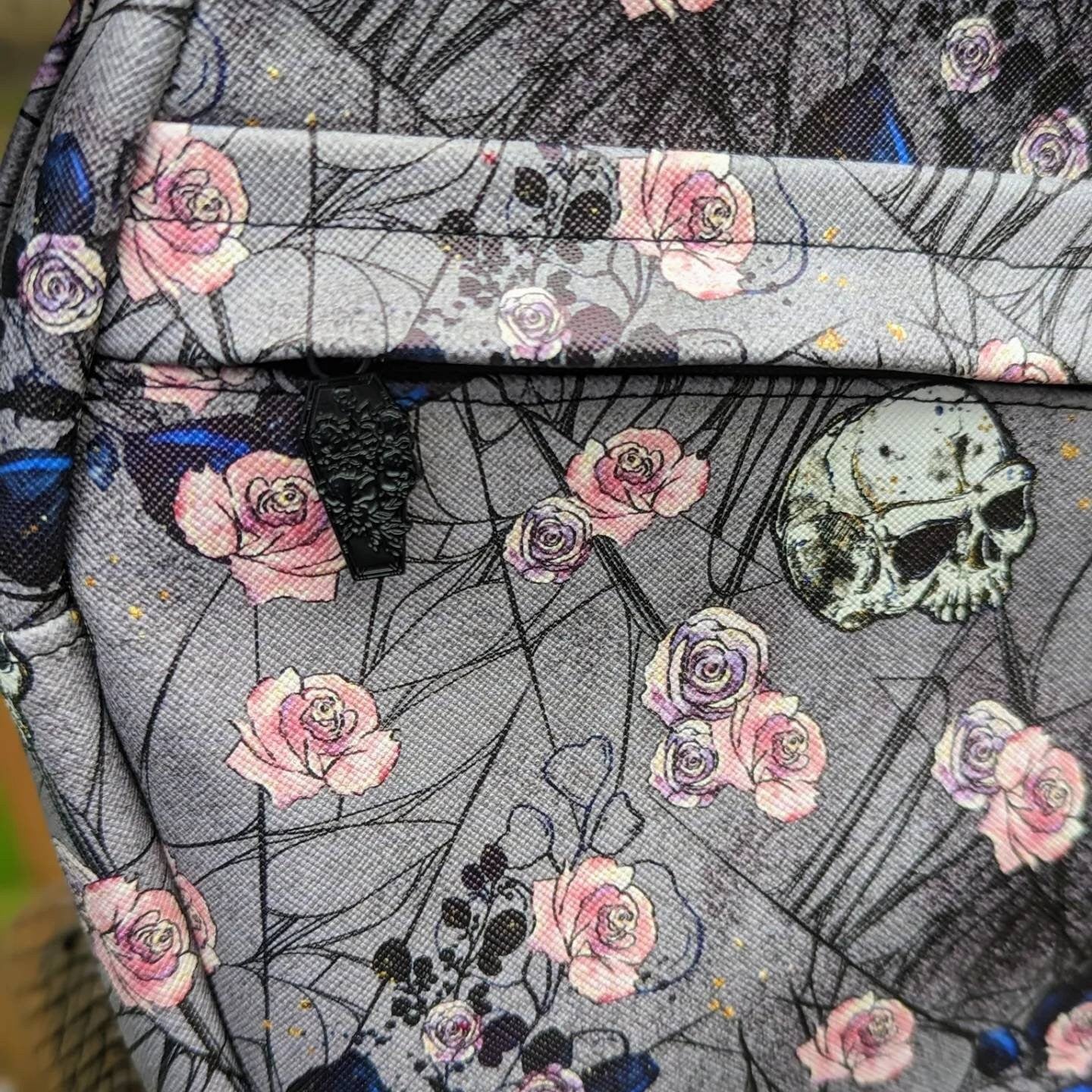 Skulls and roses coffin convertable backpack crossbody. Ready to ship! Gothic Valentine gifts/