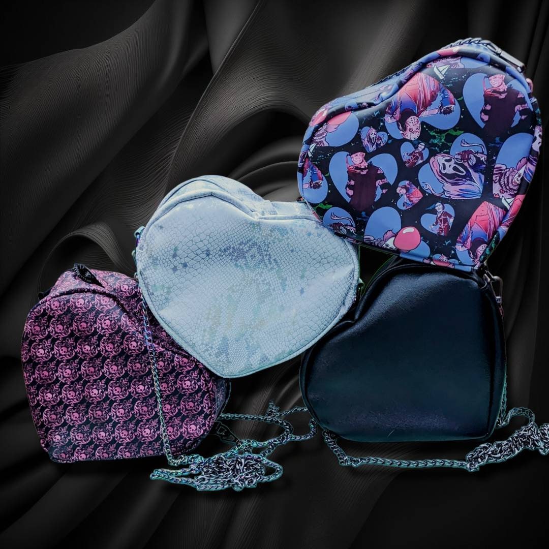 Heart Shaped Crossbody Bag/ Valentines Gift/ Goth Bag/ 90s Fashion Custom Pink Skulls